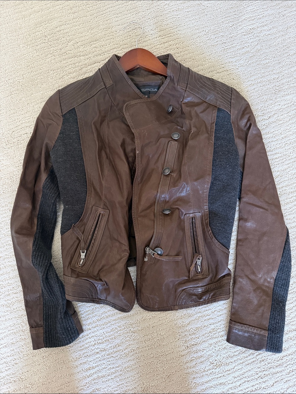Via Spiga Brown Leather Jacket with Dark Knit Panels